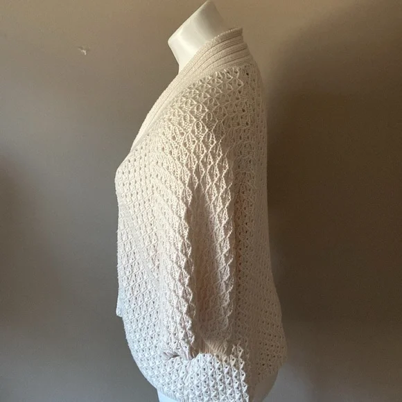 Liz Claiborne Cream Beige Ecru Knit  Button 3/4 Short Sleeve Cotton Sweater Cozy - Picture 4 of 7